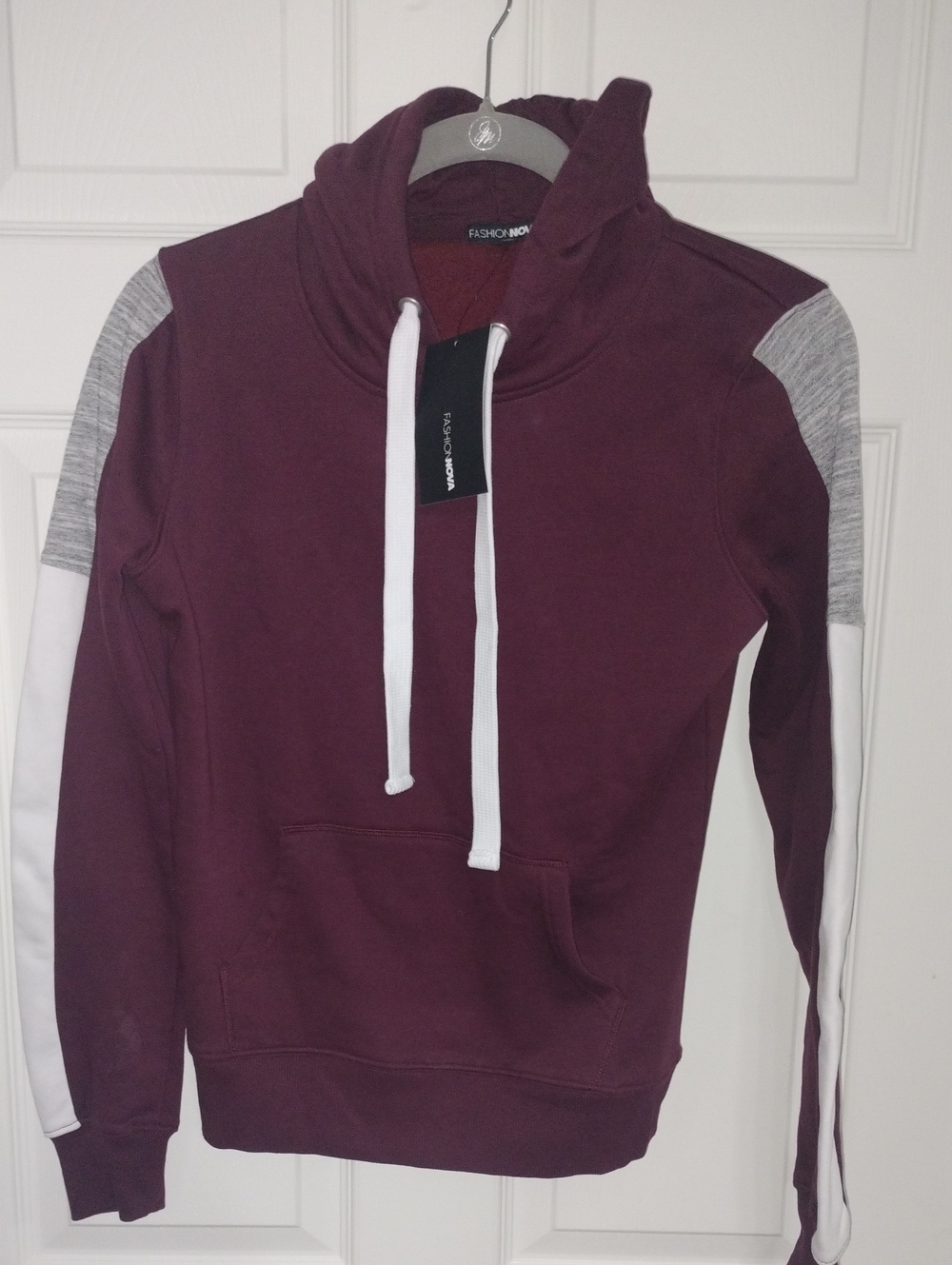 Fashion Nova Maroon Hooded Pullover with White & Heather Gray Accents